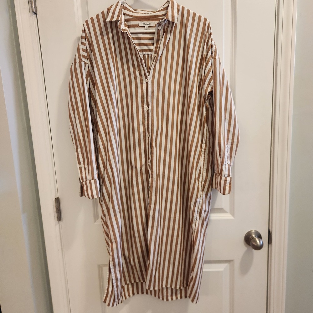 Madewell Women Brown White Striped Cotton Button Down Midi Shirt Dress Small